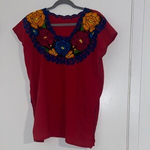 Embroidered Red Floral Women's Top